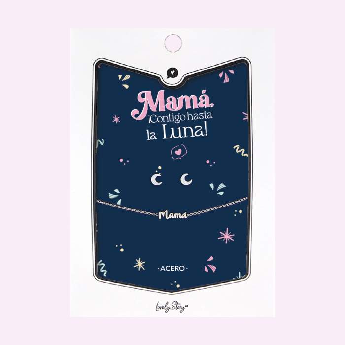 Set de Pulsera “mamá” + Pendientes de Lunas de Acero Plateado. “Mamá, ¡Contigo hasta la Luna!”