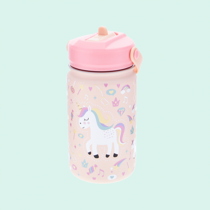 Botella Acero 330ml Adaptador Infantil Con Pajita - Pink Unicorn