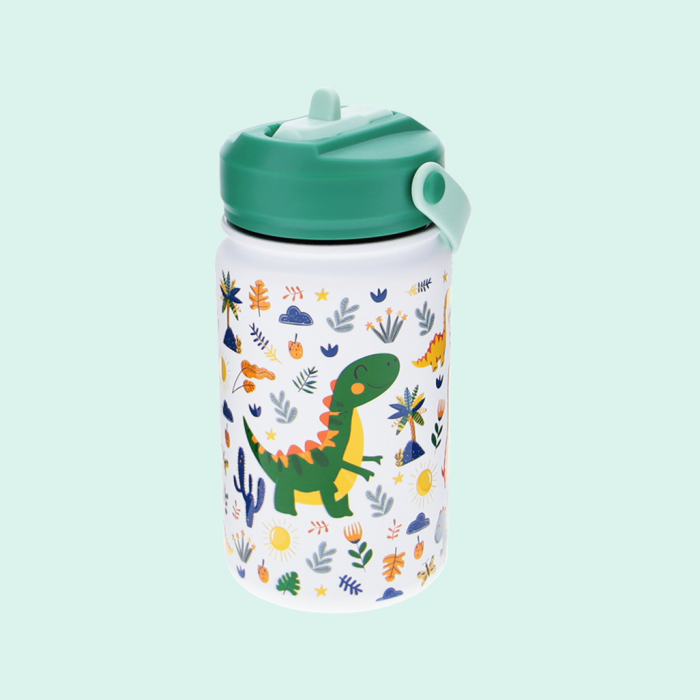 Botella Acero 330ml Adaptador Infantil Con Pajita - Ice Green Dinosaurs