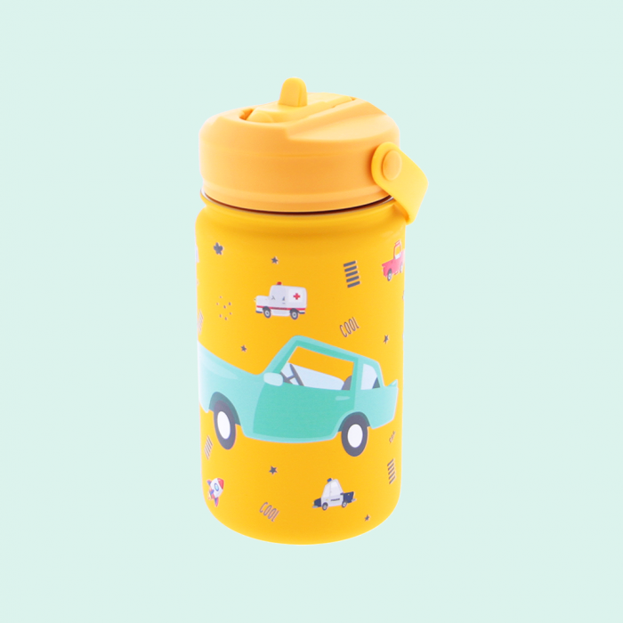 Botella Acero 330ml Adaptador Infantil Con Pajita - Mustard Car