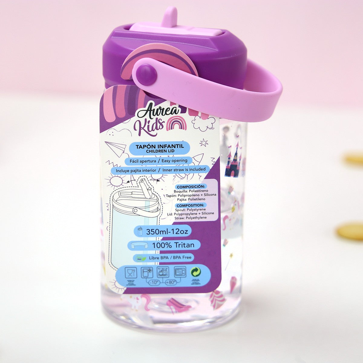 Botella Tritán 350ml Adaptador Infantil Con Pajita - Princess