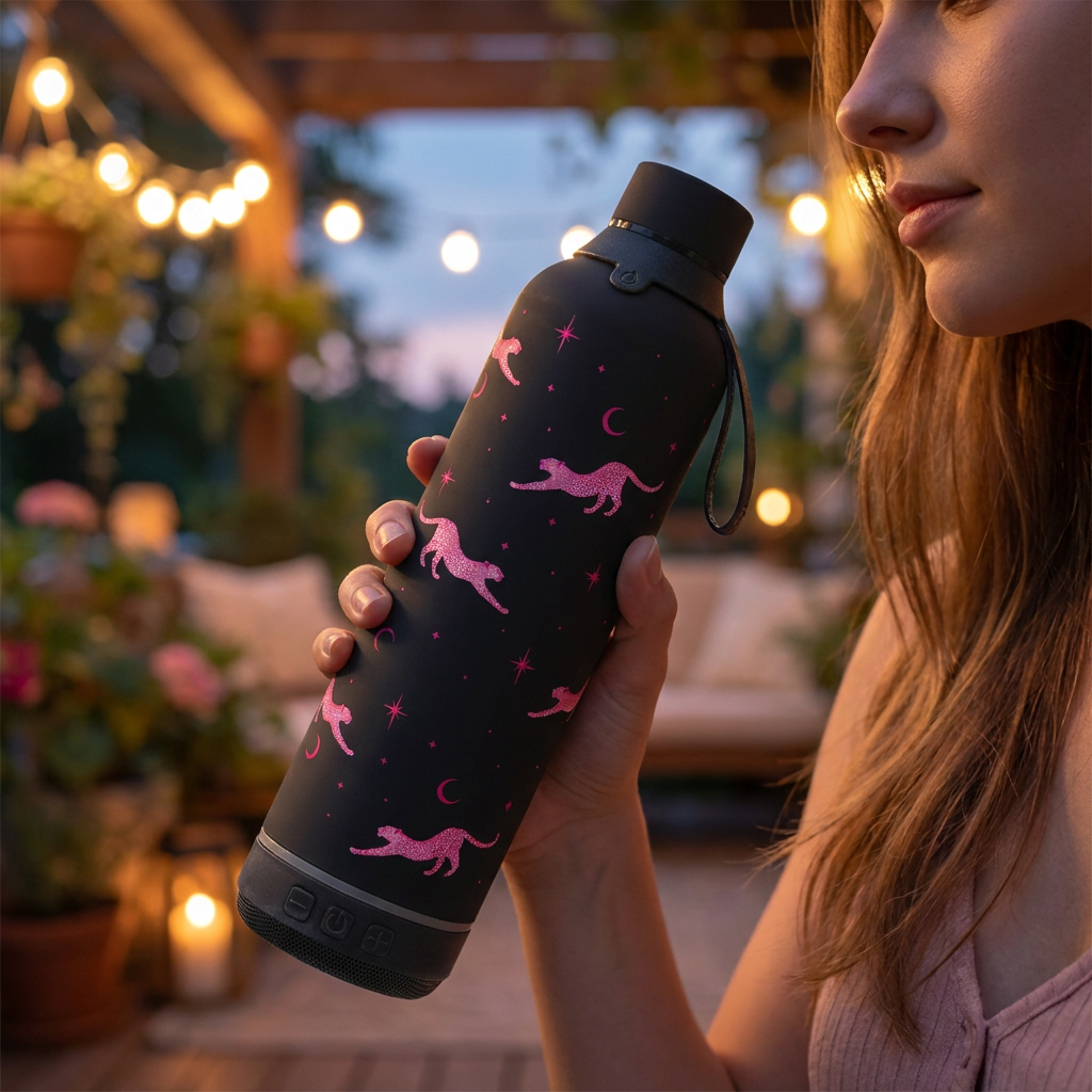 Botella Térmica de Acero Inoxidable con Altavoz – Mystic Leopard | Aurea