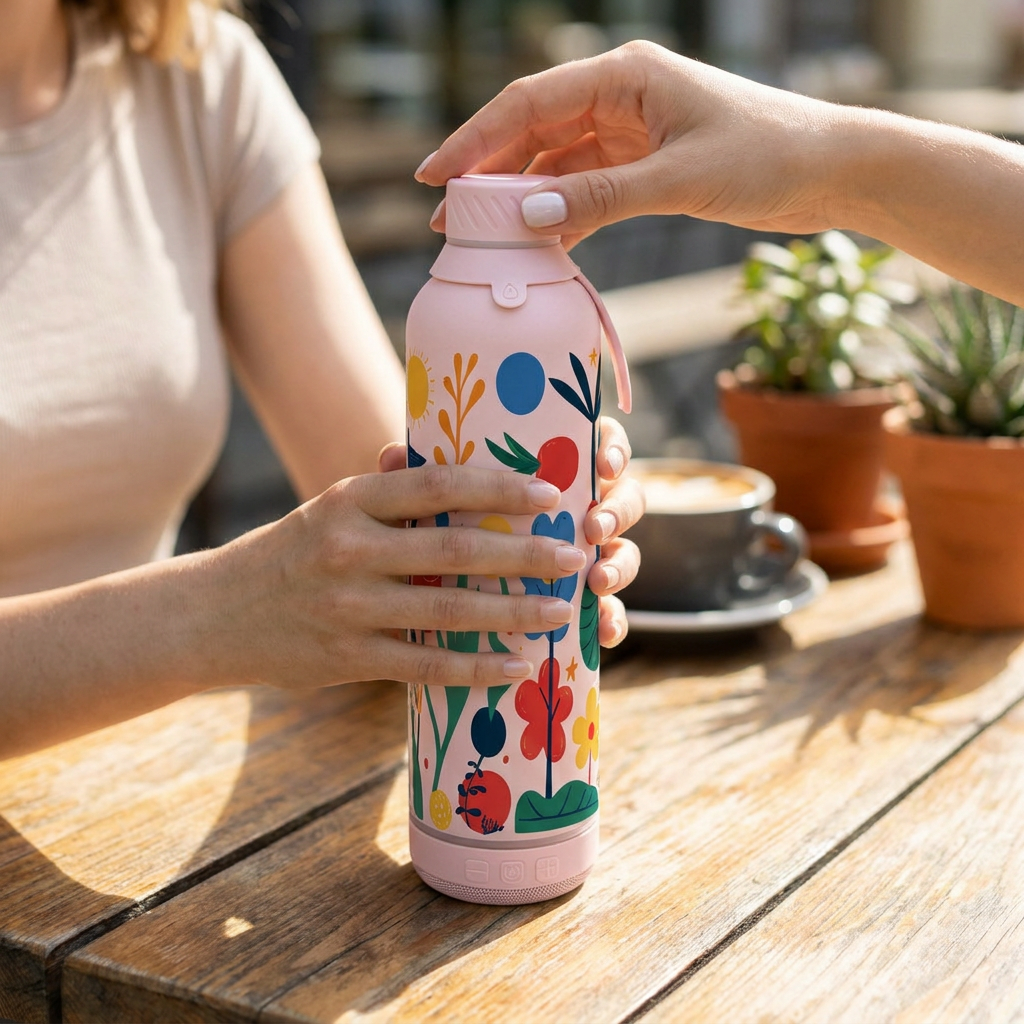 Botella Térmica de Acero Inoxidable con Altavoz – Happy Garden | Aurea