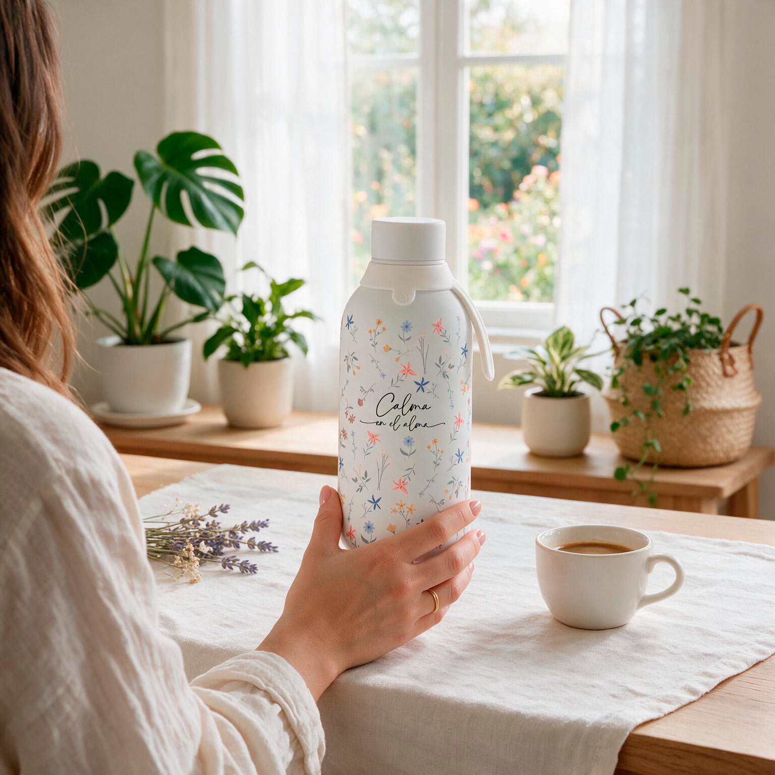 Botella Térmica de Acero Inoxidable con Interior Cerámico y Doble Tapón – Petal Whisper