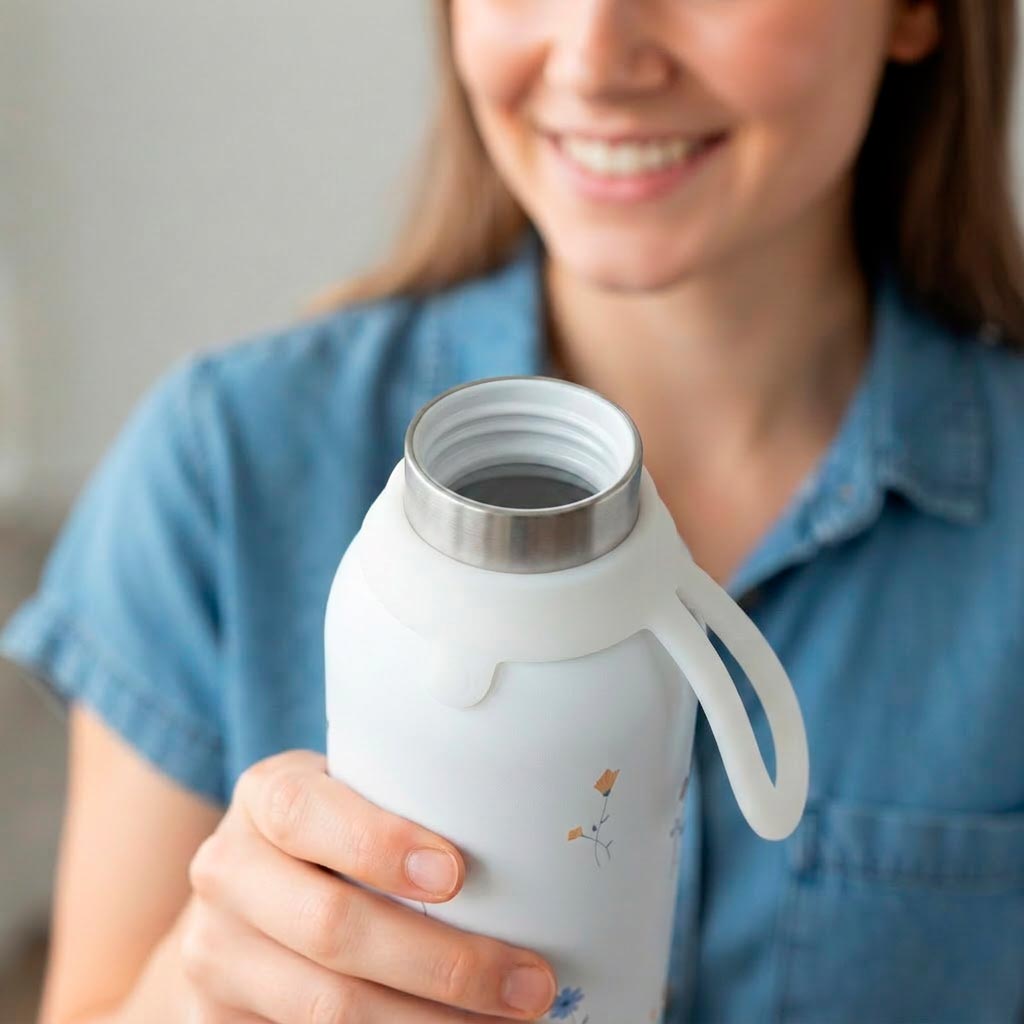 Botella Térmica de Acero Inoxidable con Interior Cerámico y Doble Tapón – Petal Whisper