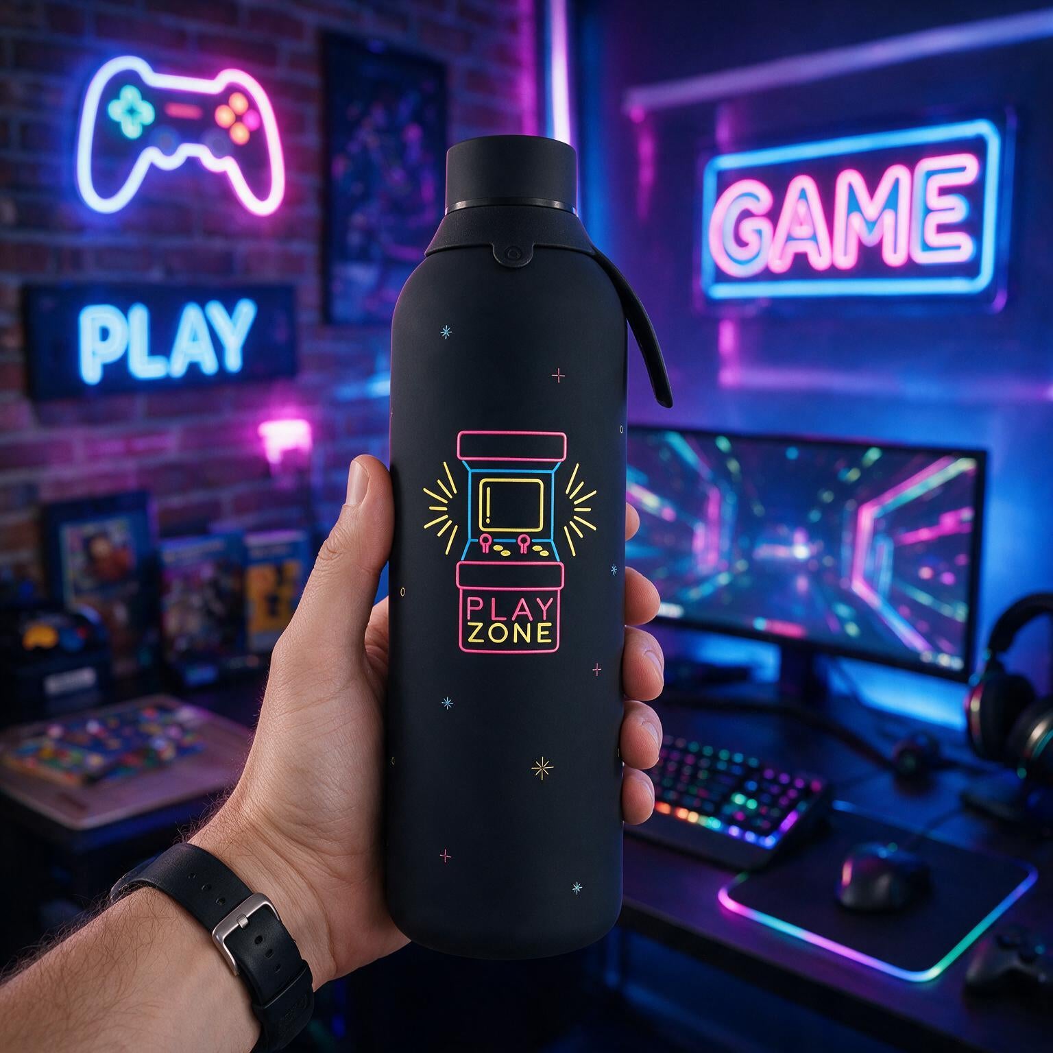 Botella Térmica de Acero Inoxidable con Interior Cerámico y Doble Tapón – Neon Score