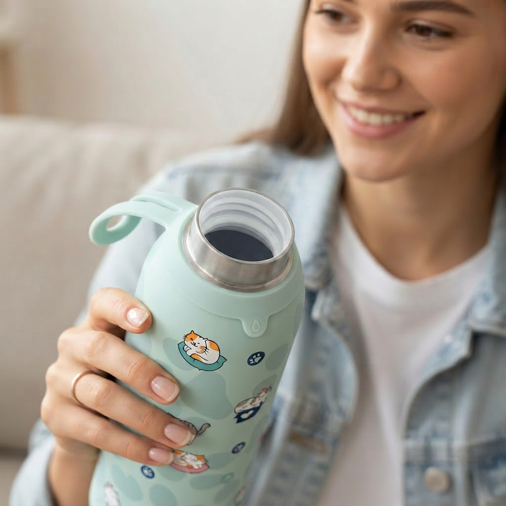 Botella Térmica de Acero Inoxidable con Interior Cerámico y Doble Tapón – Cat Whiskers
