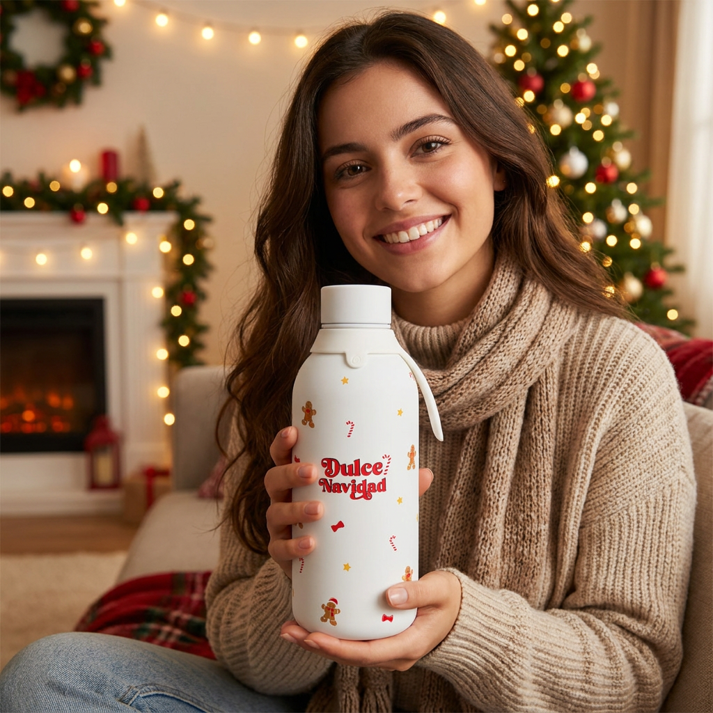 Botella Térmica de Acero Inoxidable con Interior Cerámico y Doble Tapón 500 ml – Navidad - Ice