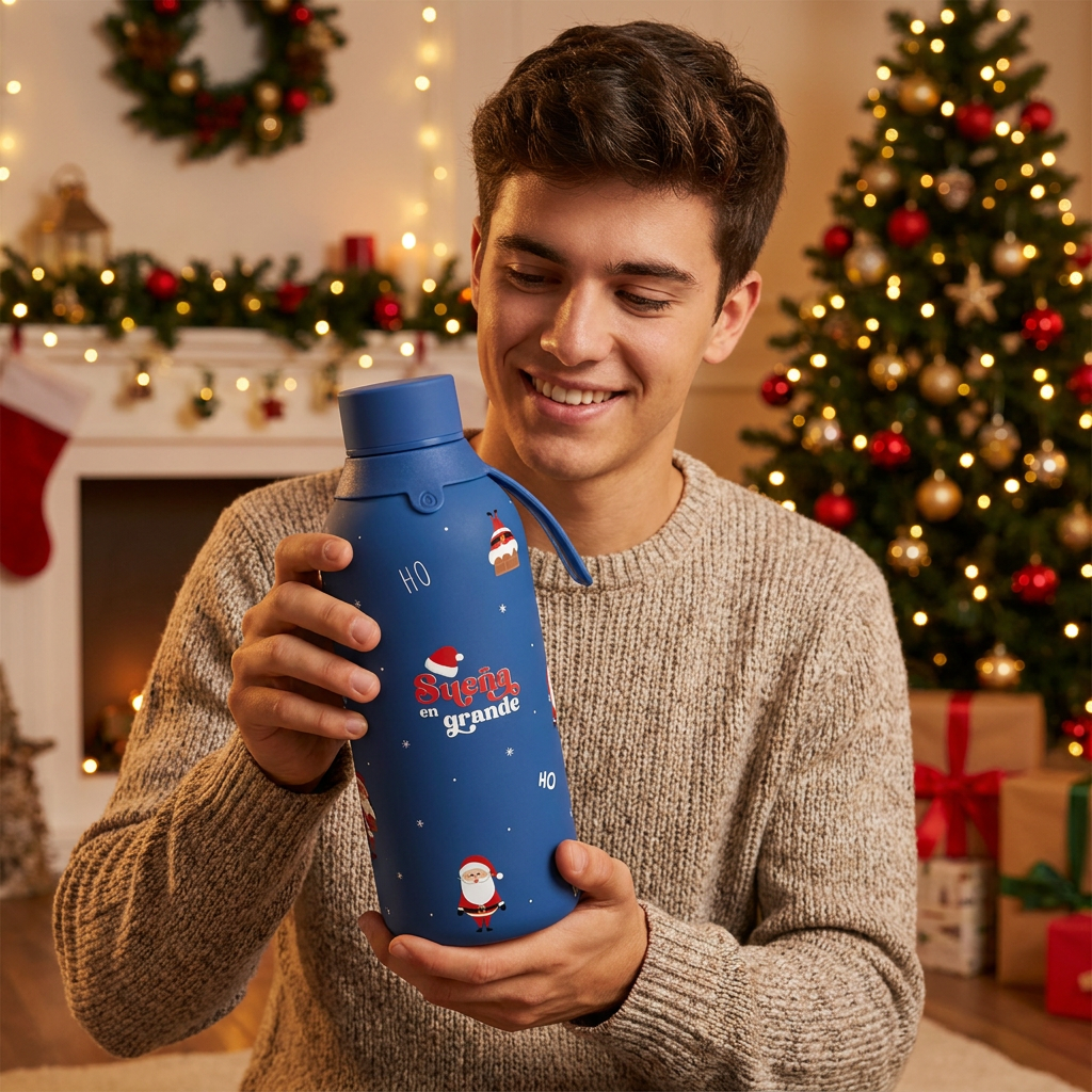 Botella Térmica de Acero Inoxidable con Interior Cerámico y Doble Tapón 500 ml – Navidad - Dark Blue