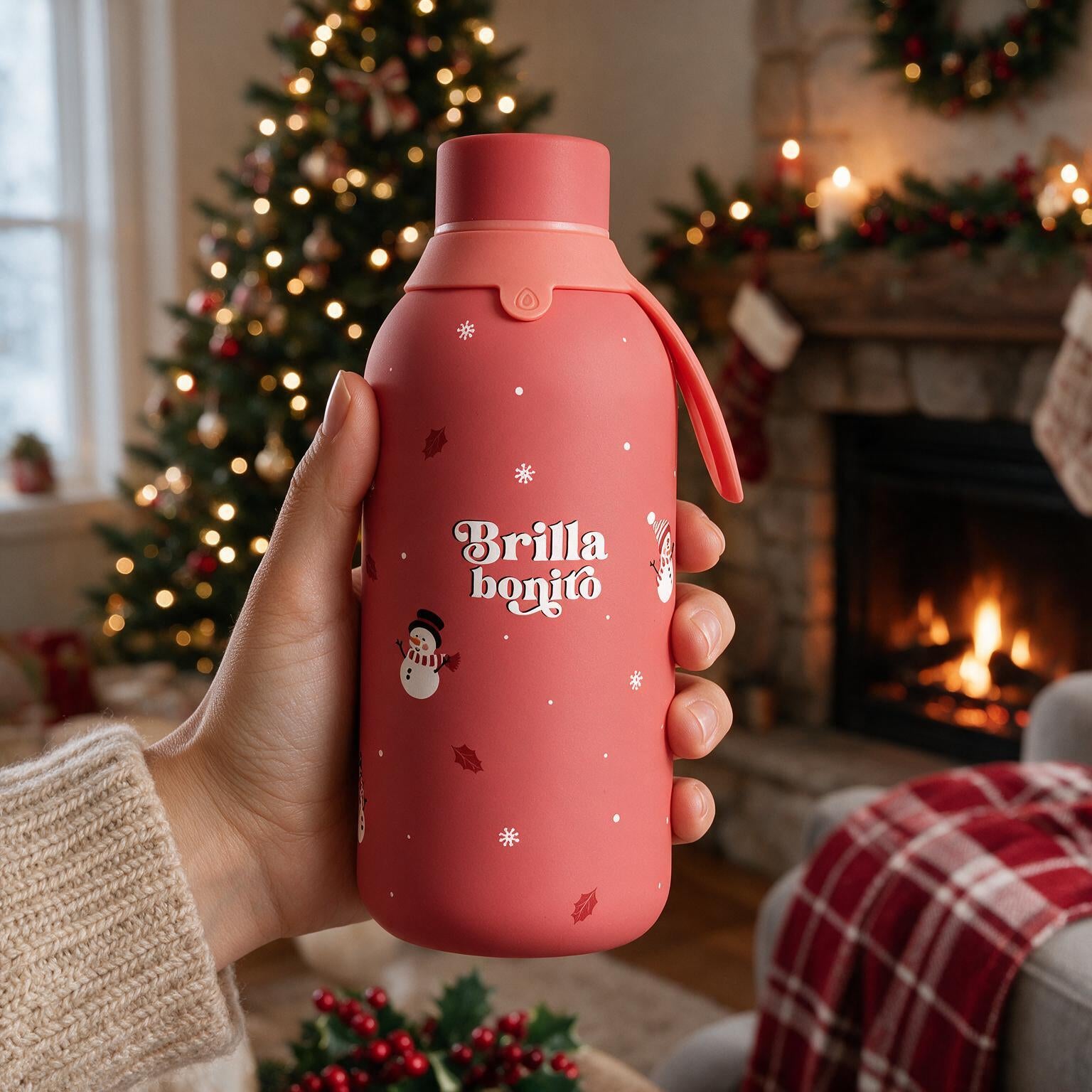 Botella Térmica de Acero Inoxidable con Interior Cerámico y Doble Tapón 500 ml – Navidad - Coral Red
