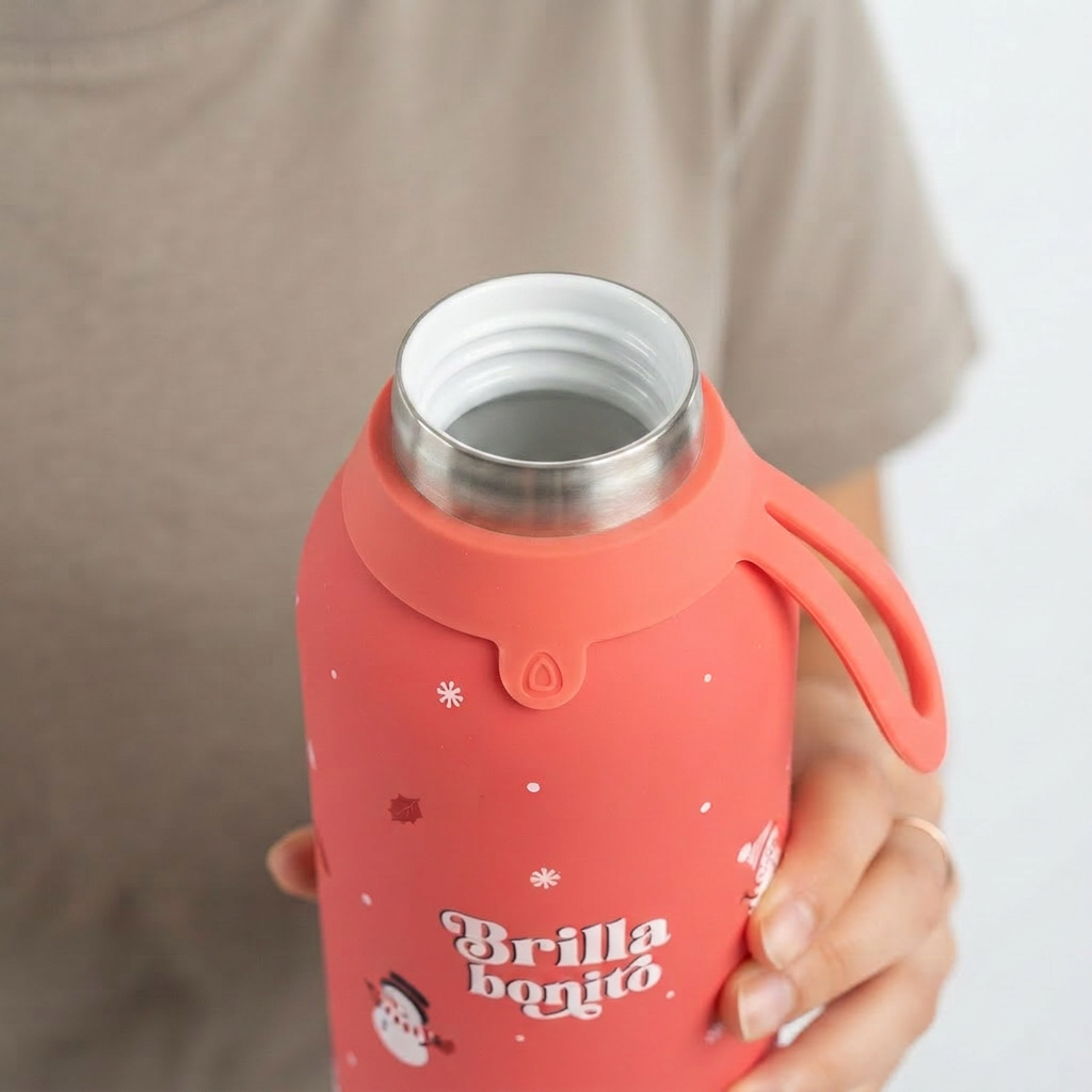 Botella Térmica de Acero Inoxidable con Interior Cerámico y Doble Tapón 500 ml – Navidad - Coral Red