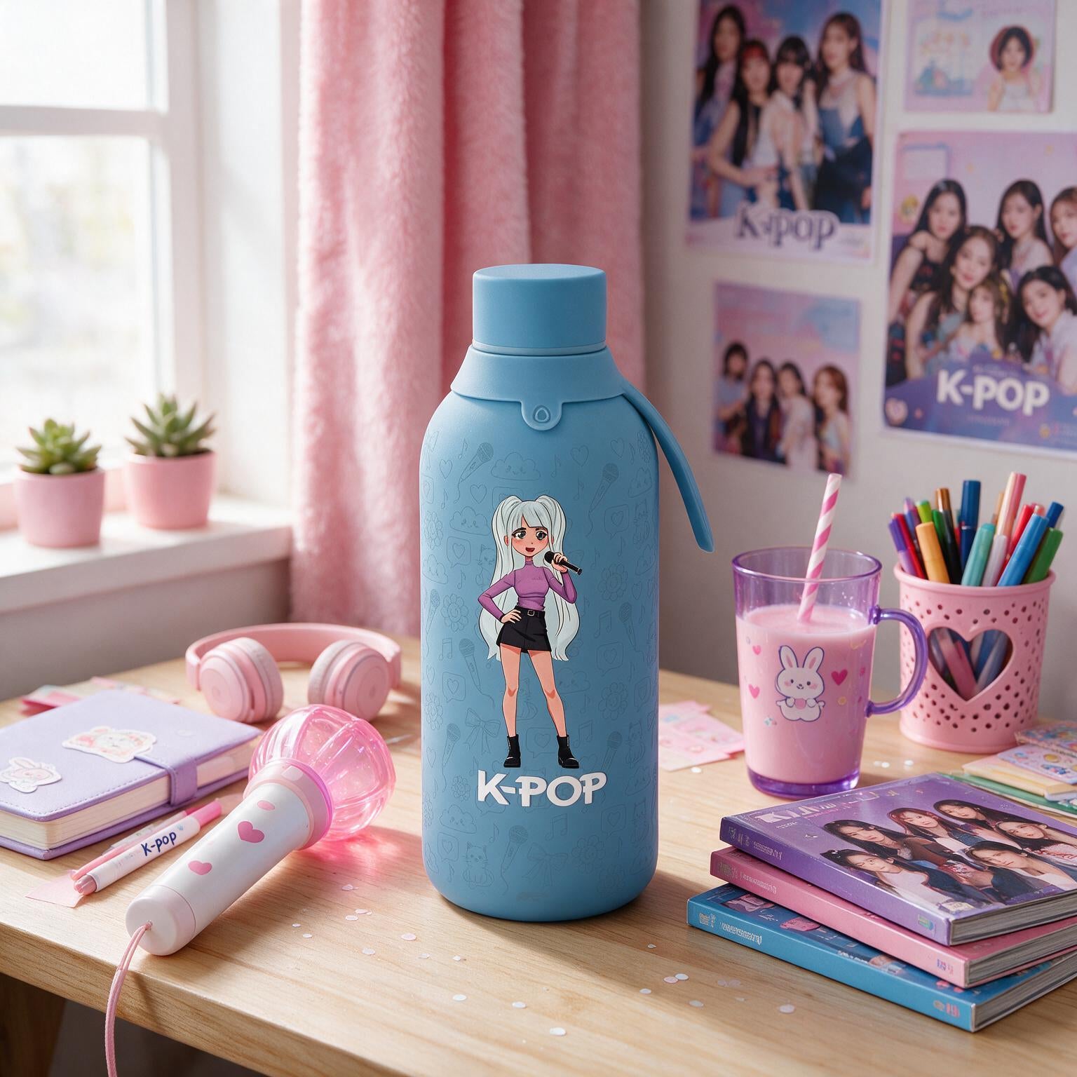 Botella Térmica de Acero Inoxidable con Interior Cerámico y Doble Tapón – K-Pop | Lovely Story