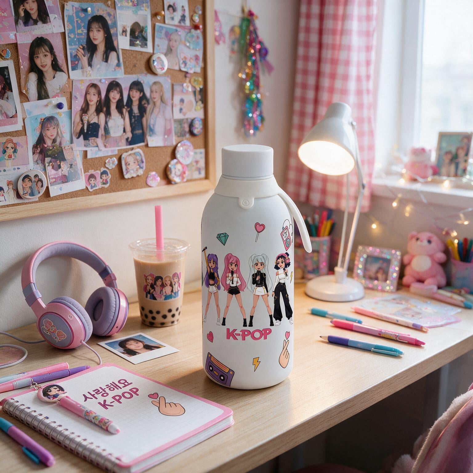 Botella Térmica de Acero Inoxidable con Interior Cerámico y Doble Tapón – K-Pop | Lovely Story
