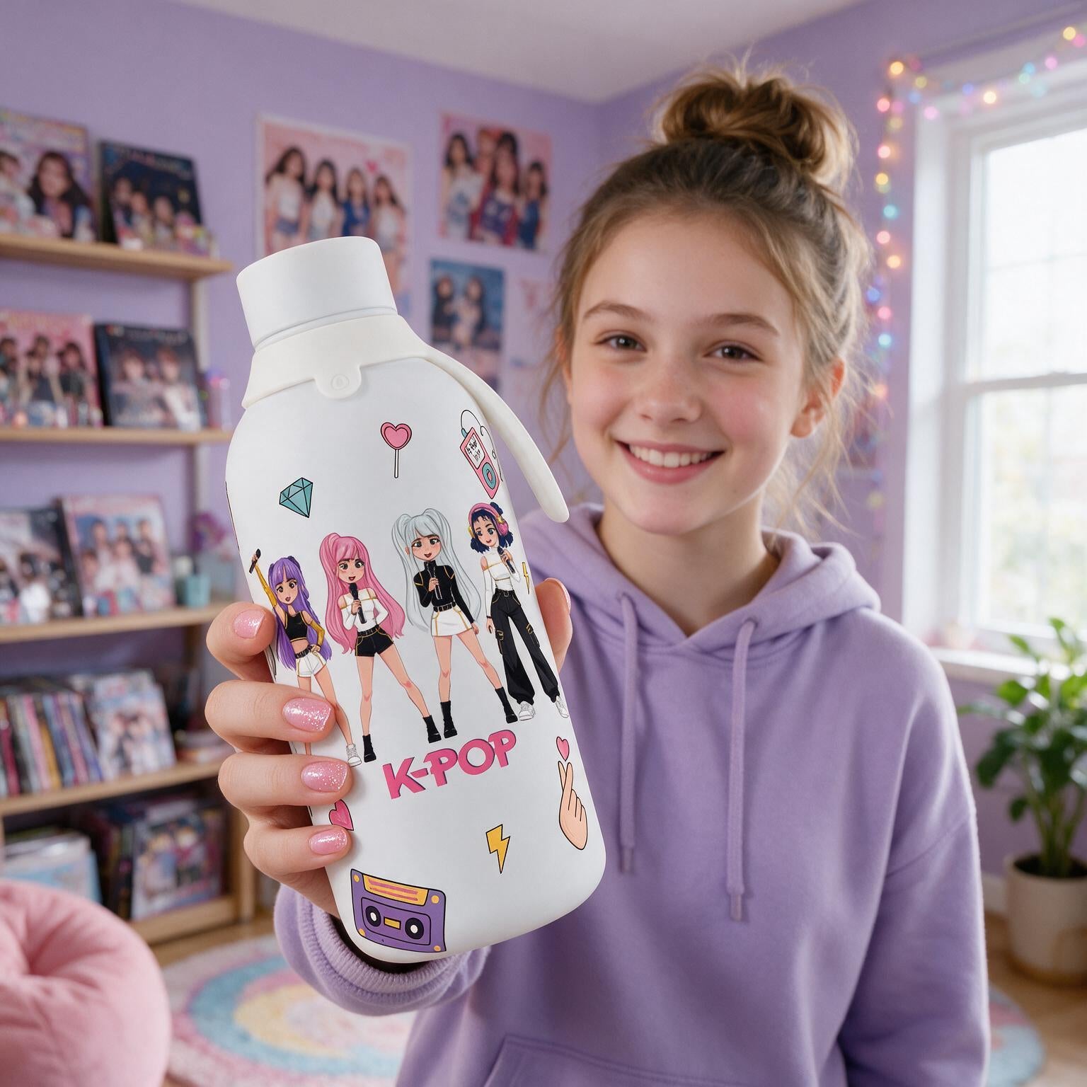 Botella Térmica de Acero Inoxidable con Interior Cerámico y Doble Tapón – K-Pop | Lovely Story