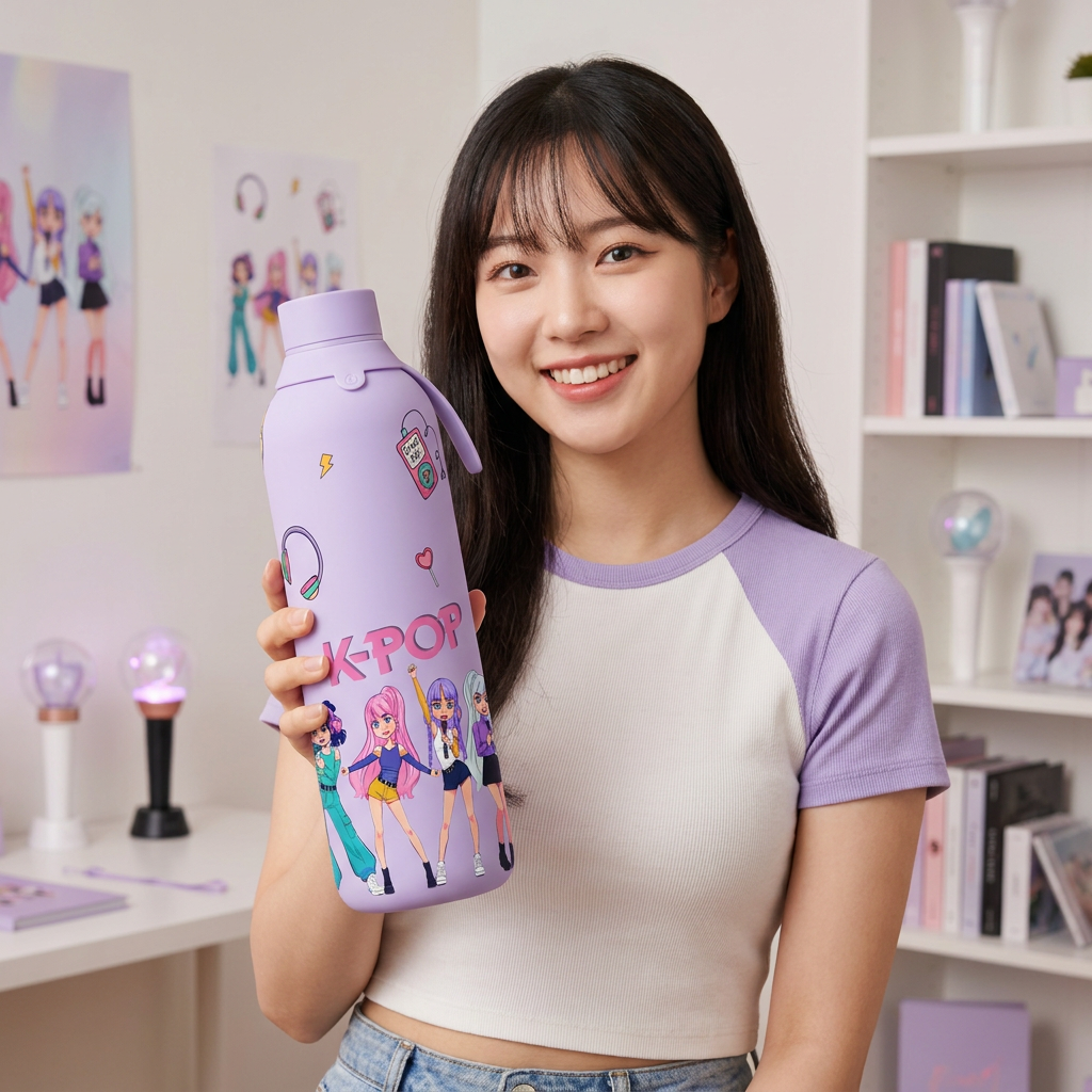 Botella Térmica de Acero Inoxidable con Interior Cerámico y Doble Tapón – K-Pop | Lovely Story