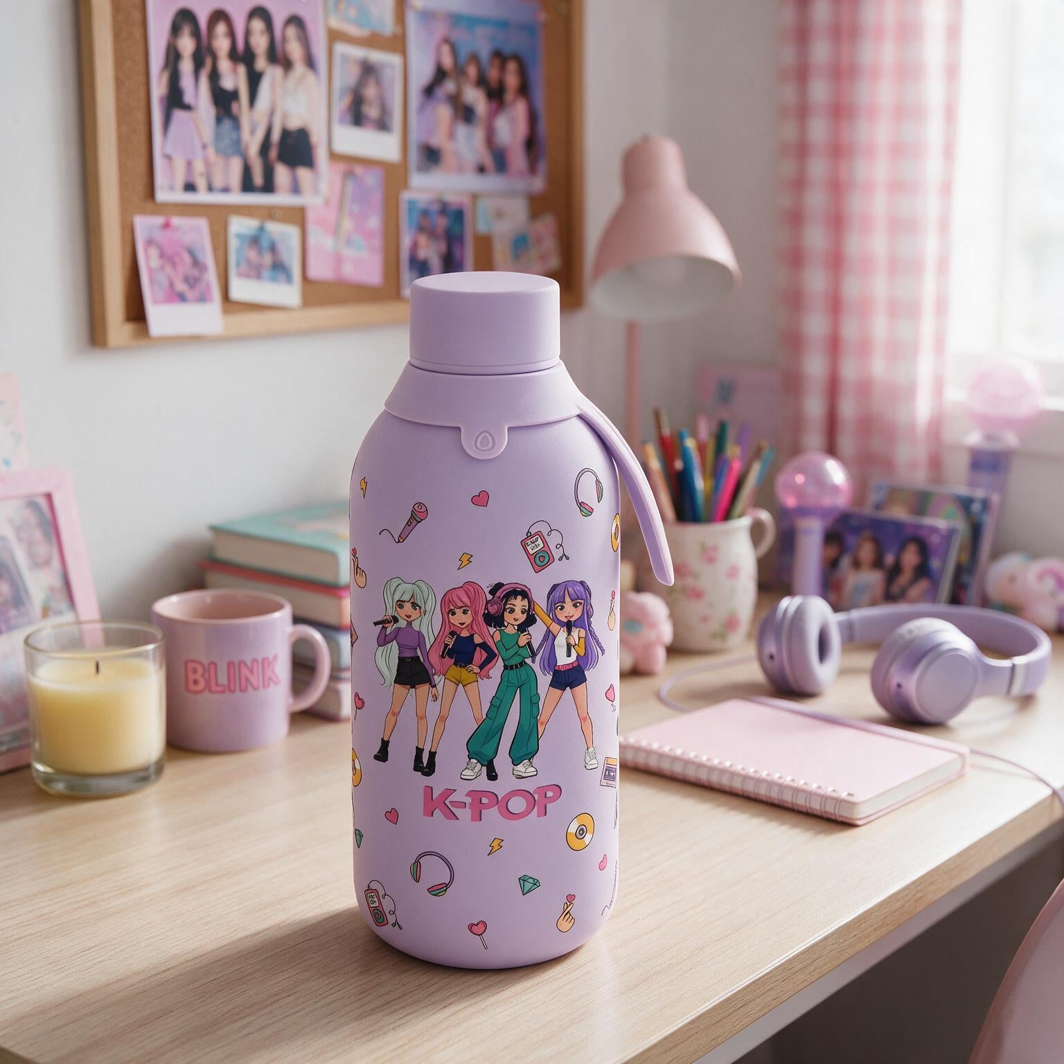 Botella Térmica de Acero Inoxidable con Interior Cerámico y Doble Tapón – K-Pop | Lovely Story