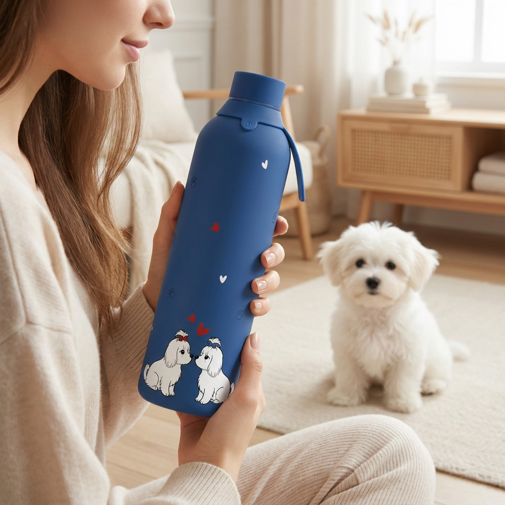 Botella Térmica de Acero Inoxidable con Interior Cerámico y Doble Tapón - Fluffy Friend - Color Dark Blue