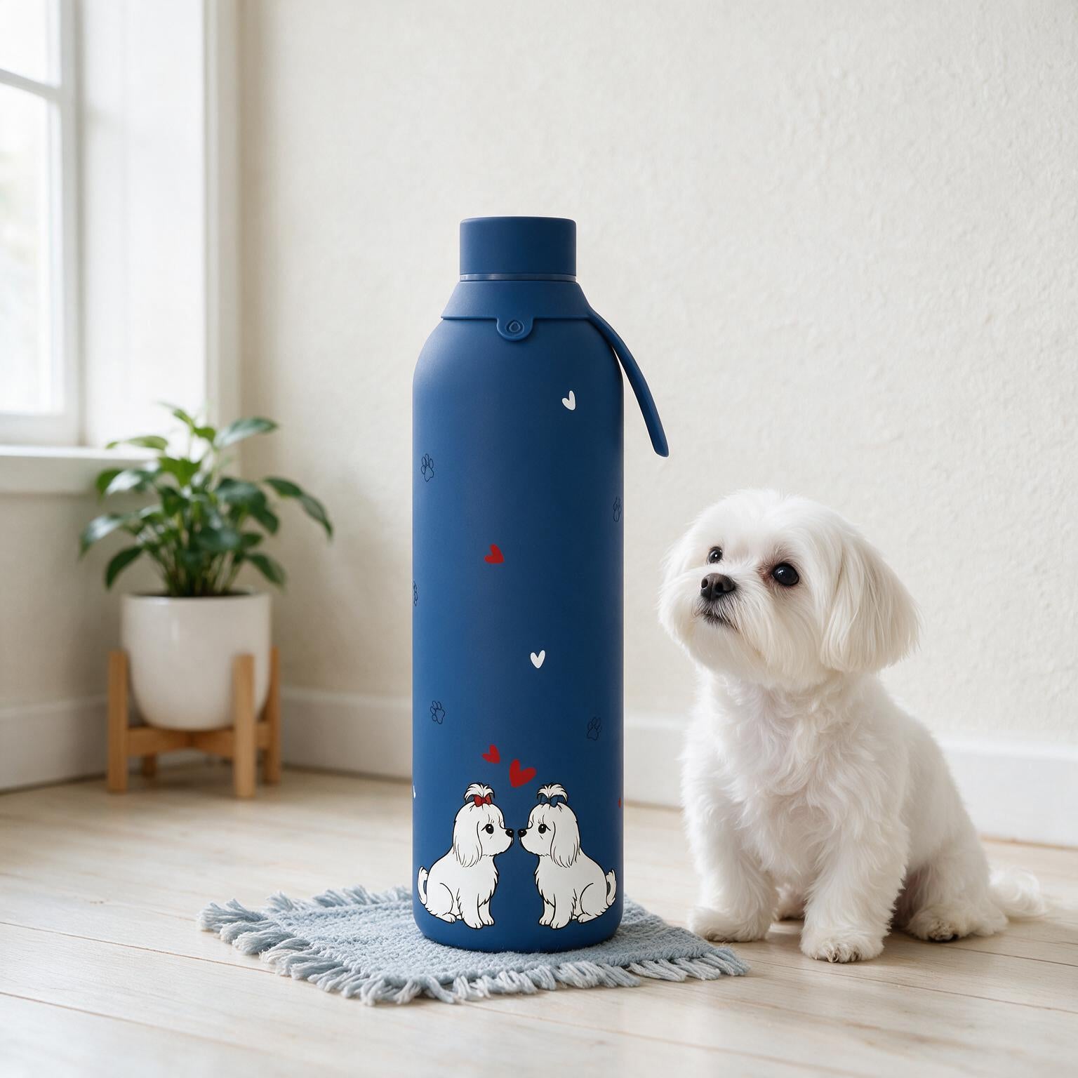 Botella Térmica de Acero Inoxidable con Interior Cerámico y Doble Tapón - Fluffy Friend - Color Dark Blue