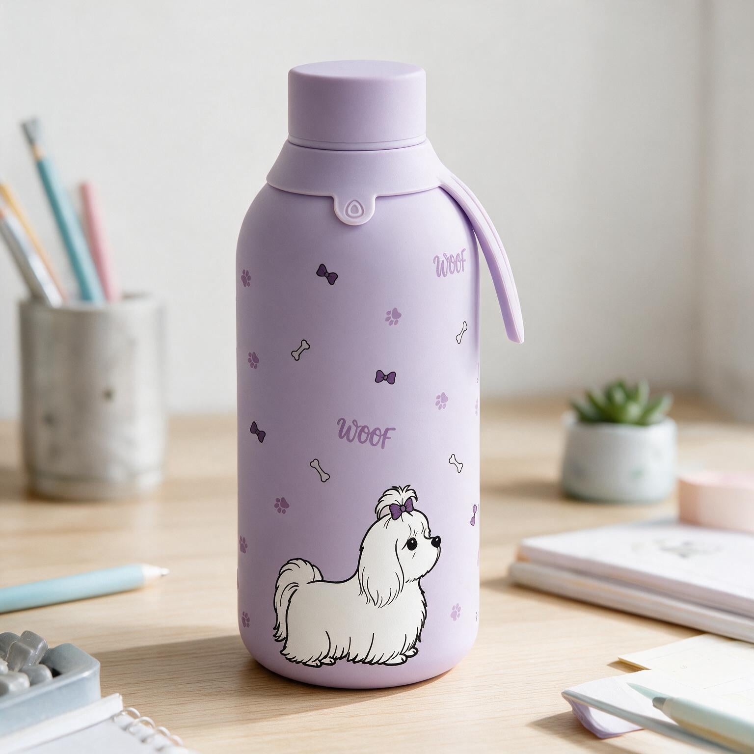Botella Térmica de Acero Inoxidable con Interior Cerámico y Doble Tapón - Fluffy Friend - Color Lila