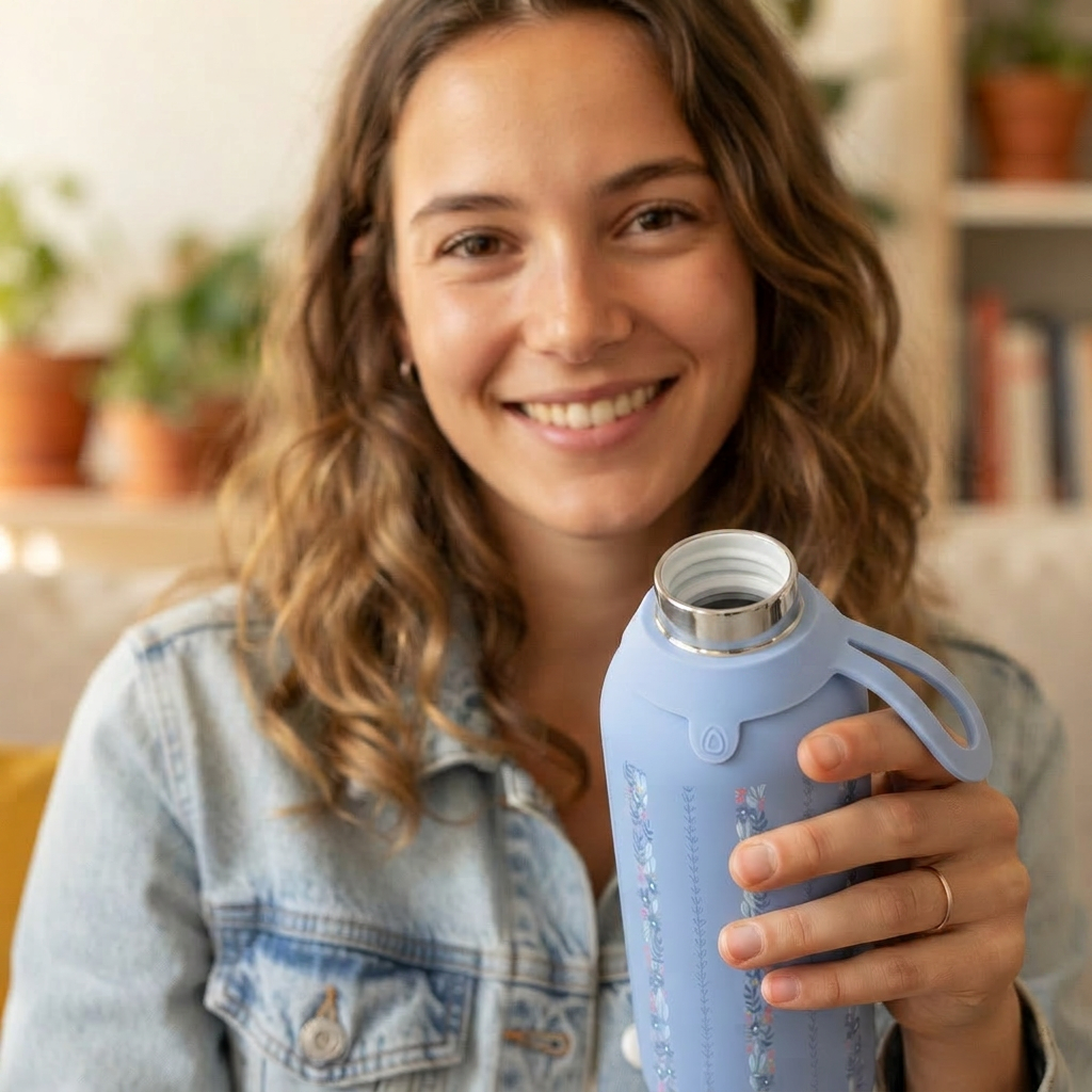Botella Térmica de Acero Inoxidable con Interior Cerámico y Doble Tapón – Petal Lines | Aurea