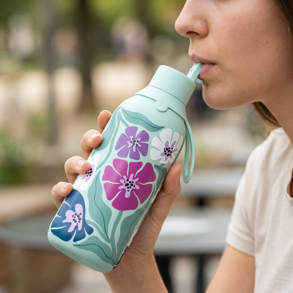Botella Térmica de Acero Inoxidable con Interior Cerámico y Doble Tapón – Tropic Bloom | Aurea