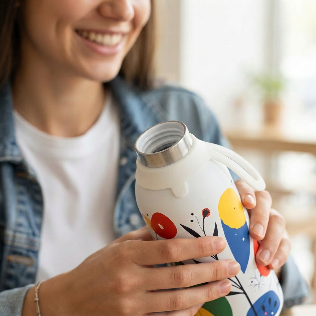 Botella Térmica de Acero Inoxidable con Interior Cerámico y Doble Tapón – Happy Garden | Aurea