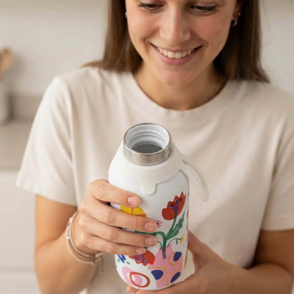 Botella Térmica de Acero Inoxidable con Interior Cerámico y Doble Tapón – Little Botanical | Aurea