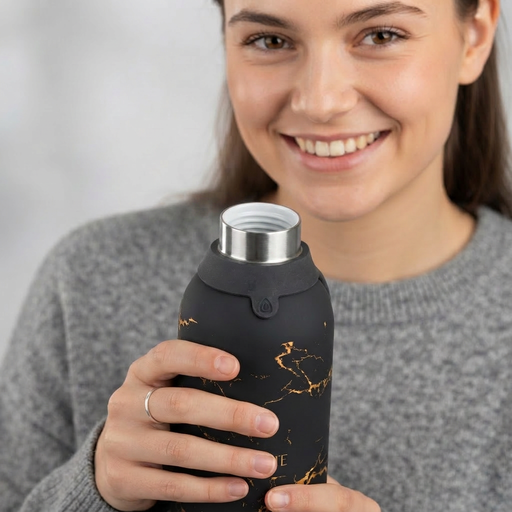 Botella Térmica de Acero Inoxidable con Interior Cerámico y Doble Tapón – Pure Gold | Aurea