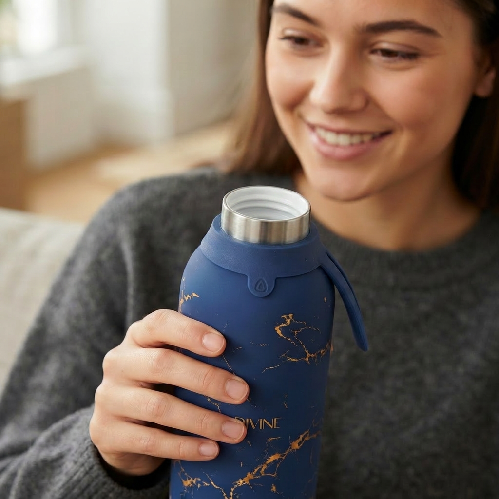 Botella Térmica de Acero Inoxidable con Interior Cerámico y Doble Tapón – Pure Gold | Aurea