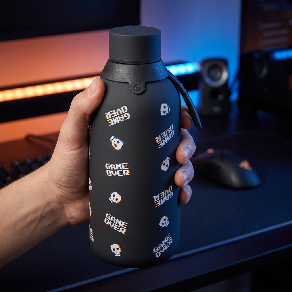 Botella Térmica de Acero Inoxidable con Interior Cerámico y Doble Tapón – Arcade Skull | Aurea