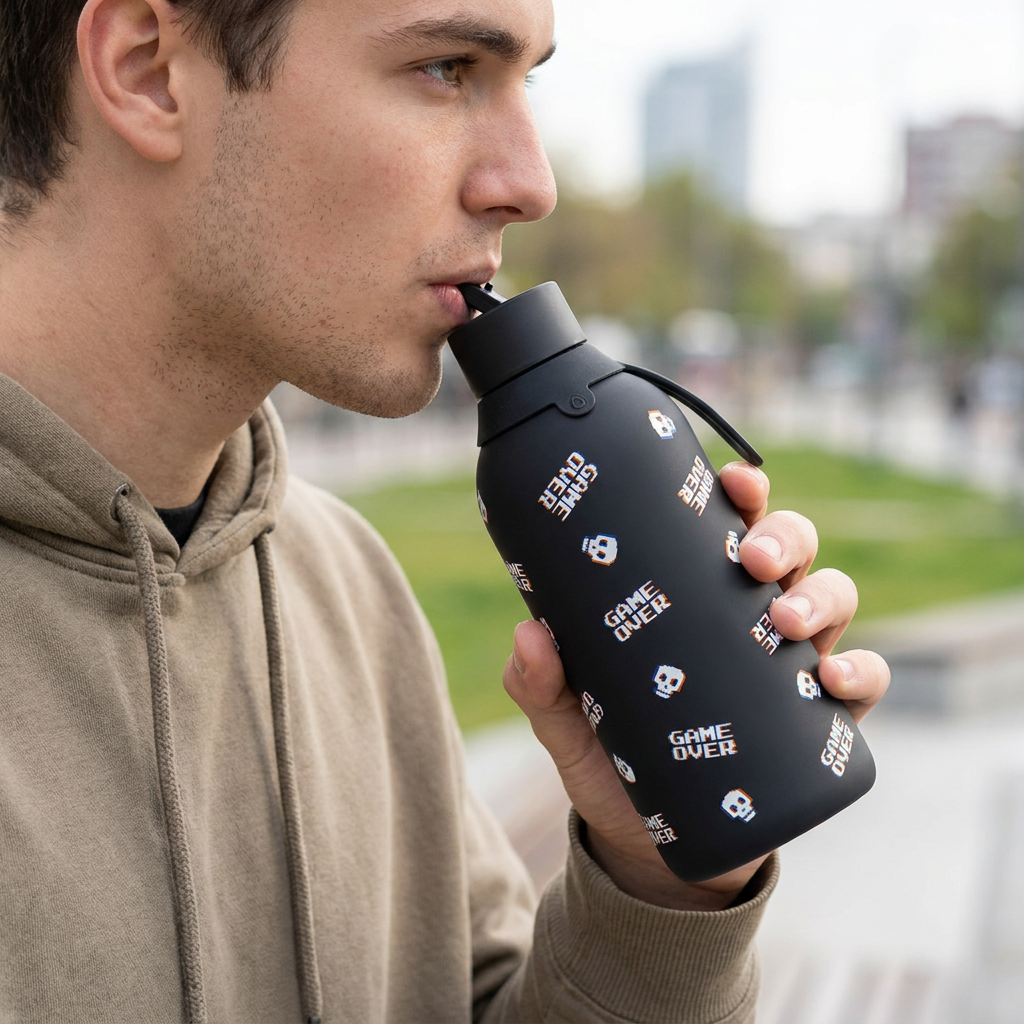 Botella Térmica de Acero Inoxidable con Interior Cerámico y Doble Tapón – Arcade Skull | Aurea