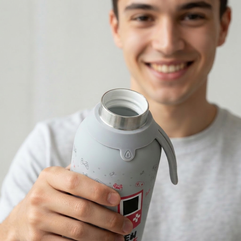 Botella Térmica de Acero Inoxidable con Interior Cerámico y Doble Tapón – Pixel Gaming | Aurea