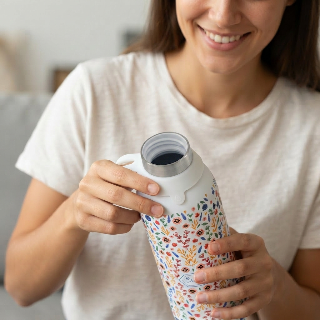 Botella Térmica de Acero Inoxidable con Interior Cerámico y Doble Tapón – Floral Essence | Aurea