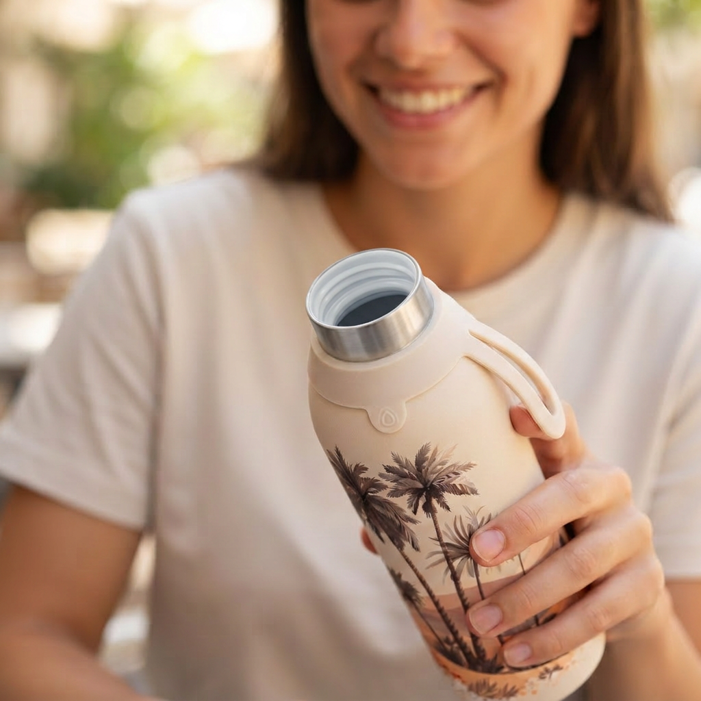 Botella Térmica de Acero Inoxidable con Interior Cerámico y Doble Tapón – Travel Dreams | Aurea
