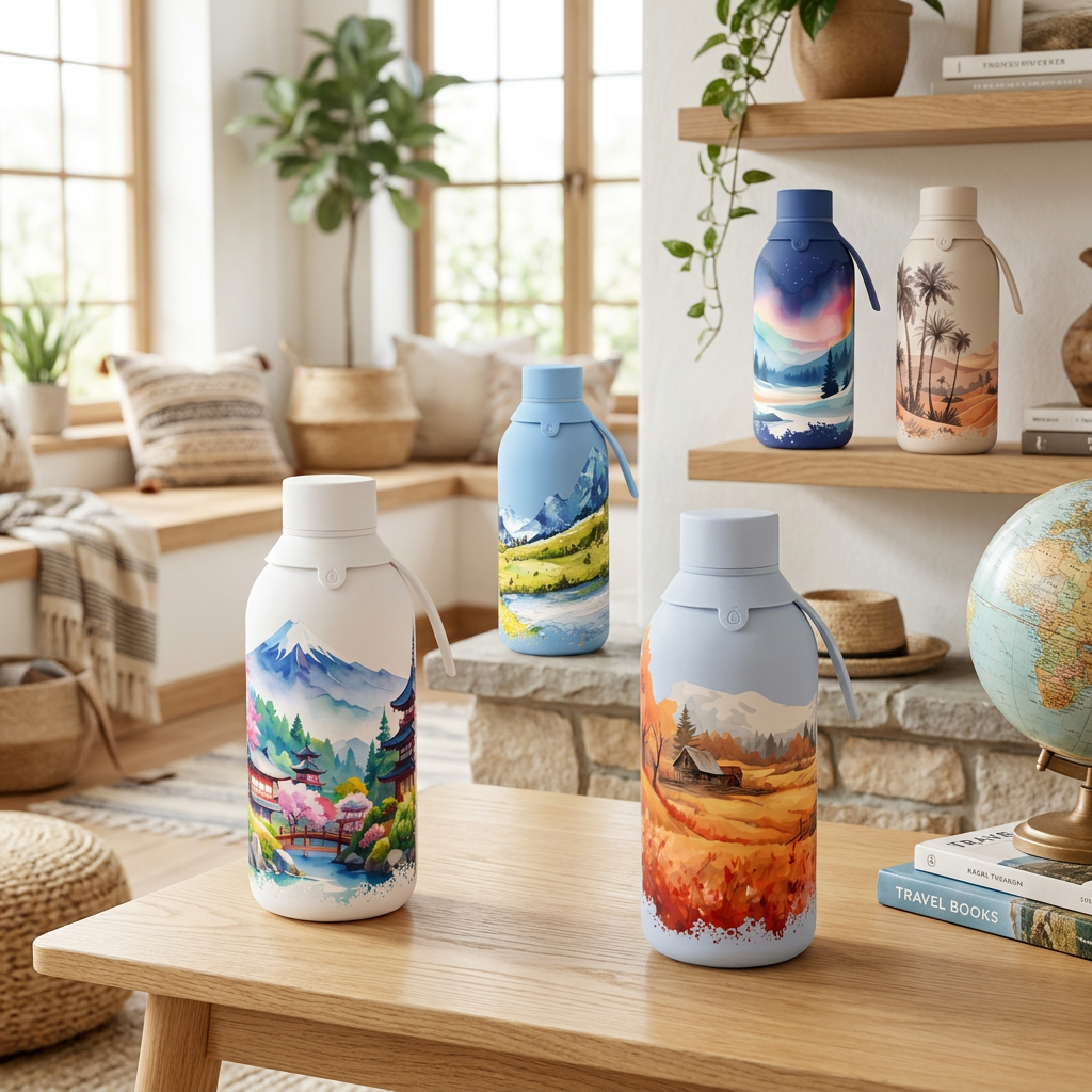 Botella Térmica de Acero Inoxidable con Interior Cerámico y Doble Tapón – Travel Dreams | Aurea