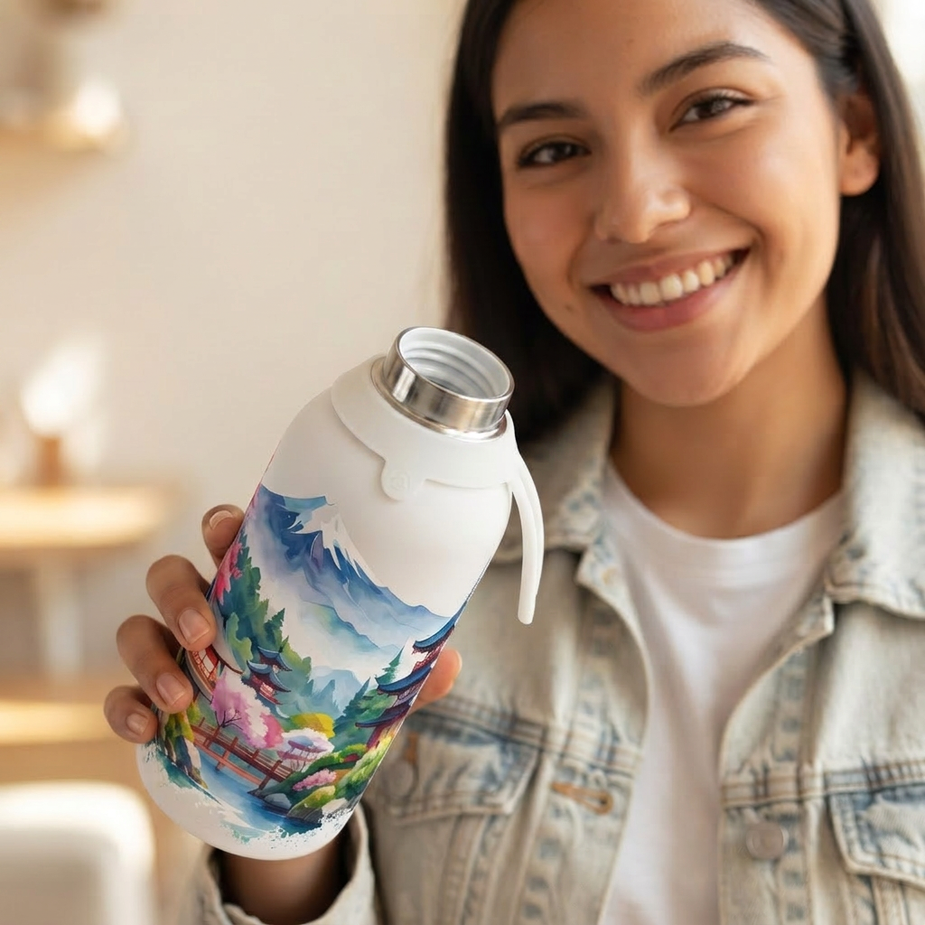 Botella Térmica de Acero Inoxidable con Interior Cerámico y Doble Tapón – Travel Dreams | Aurea