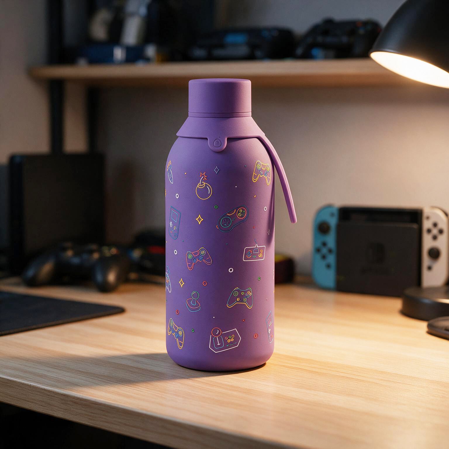 Botella Térmica de Acero Inoxidable con Interior Cerámico y Doble Tapón – Neon Gamer | Aurea