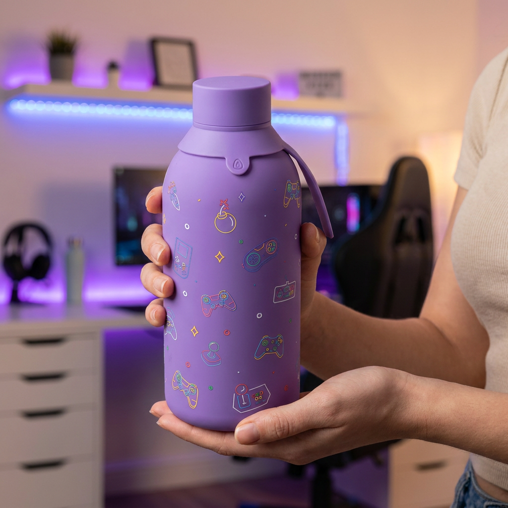 Botella Térmica de Acero Inoxidable con Interior Cerámico y Doble Tapón – Neon Gamer | Aurea
