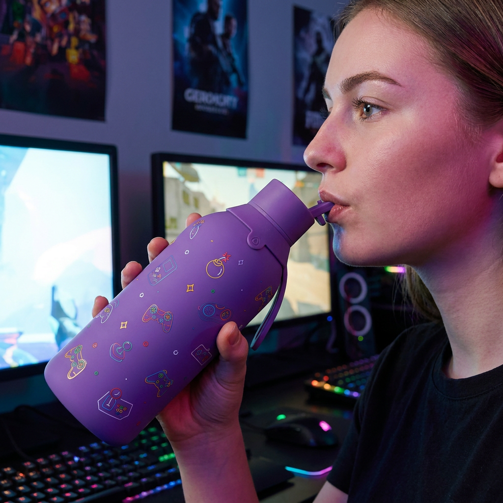 Botella Térmica de Acero Inoxidable con Interior Cerámico y Doble Tapón – Neon Gamer | Aurea