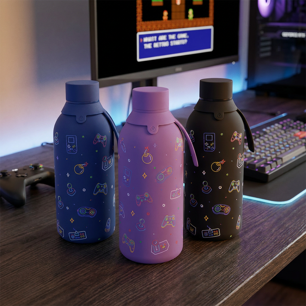 Botella Térmica de Acero Inoxidable con Interior Cerámico y Doble Tapón – Neon Gamer | Aurea