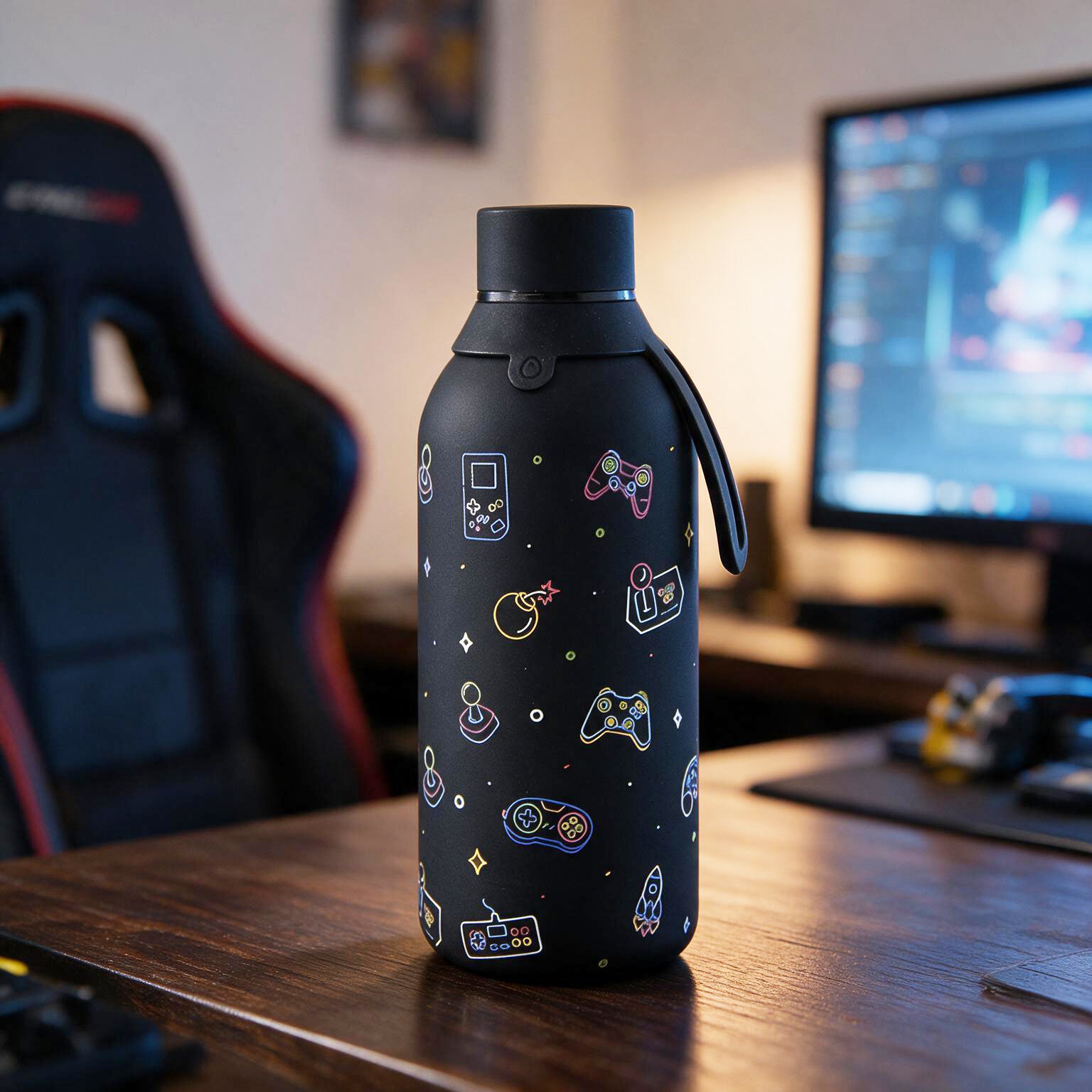 Botella Térmica de Acero Inoxidable con Interior Cerámico y Doble Tapón – Neon Gamer | Aurea