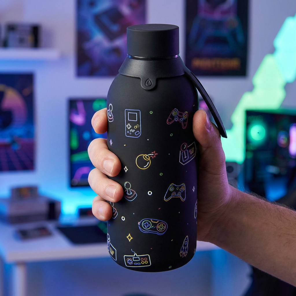 Botella Térmica de Acero Inoxidable con Interior Cerámico y Doble Tapón – Neon Gamer | Aurea