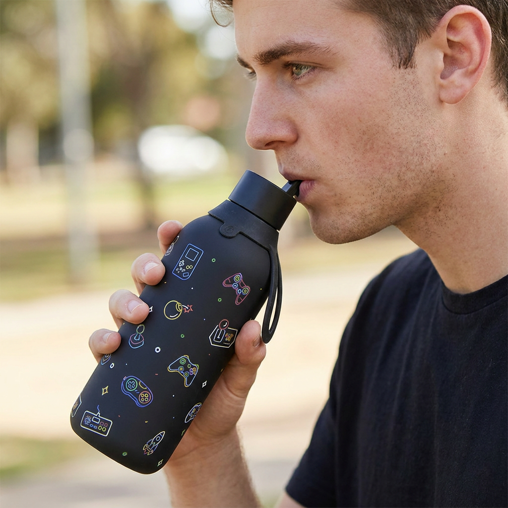 Botella Térmica de Acero Inoxidable con Interior Cerámico y Doble Tapón – Neon Gamer | Aurea
