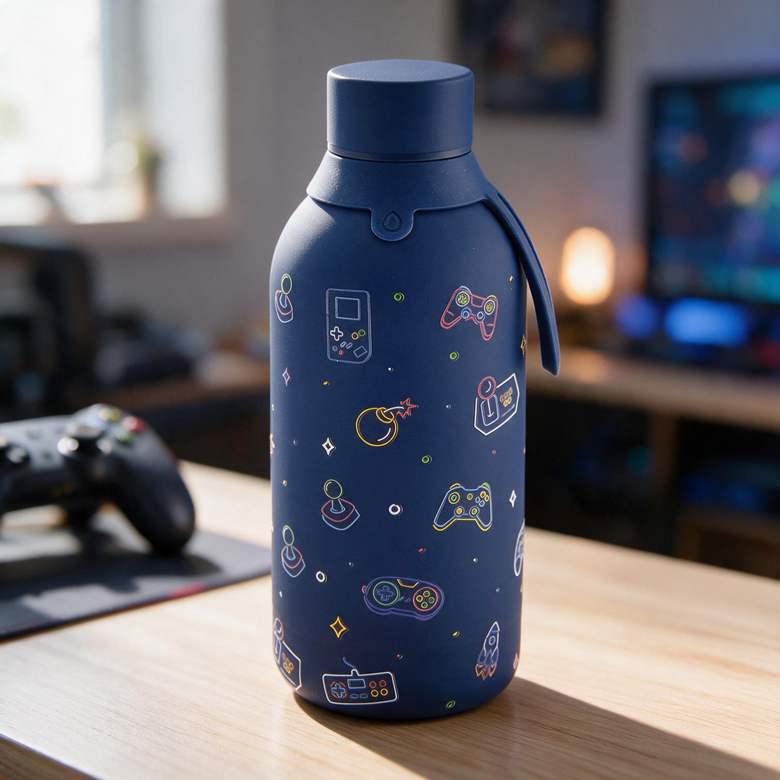 Botella Térmica de Acero Inoxidable con Interior Cerámico y Doble Tapón – Neon Gamer | Aurea