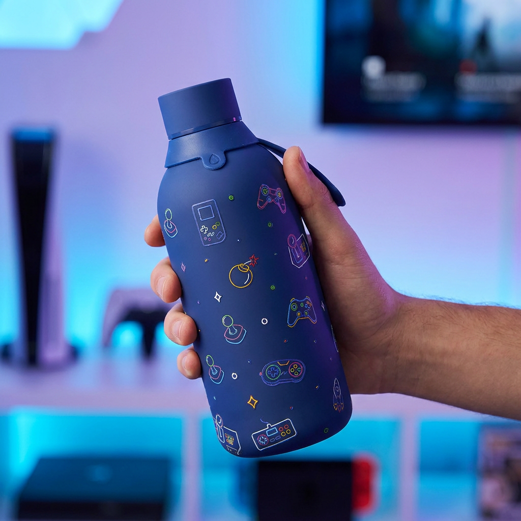 Botella Térmica de Acero Inoxidable con Interior Cerámico y Doble Tapón – Neon Gamer | Aurea