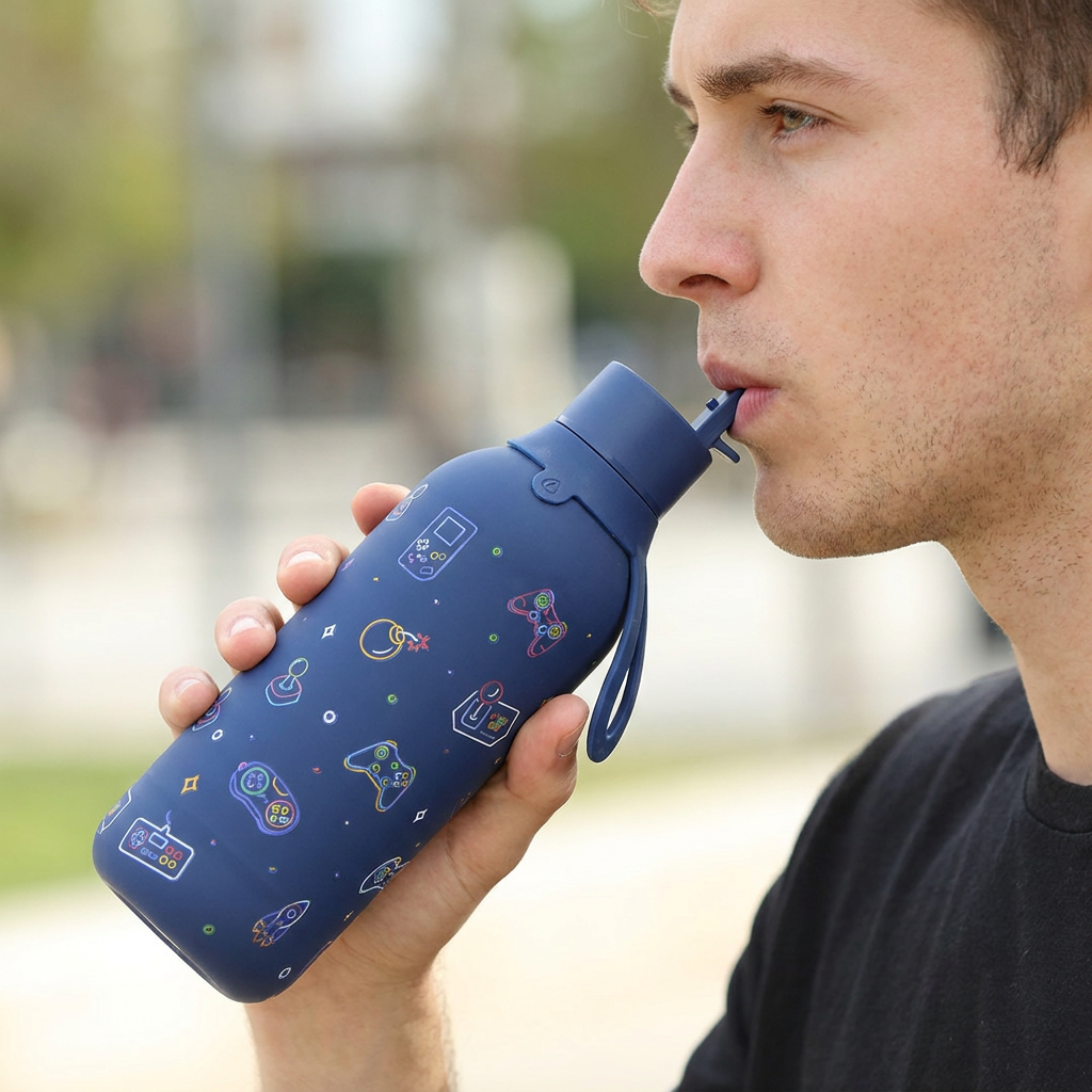 Botella Térmica de Acero Inoxidable con Interior Cerámico y Doble Tapón – Neon Gamer | Aurea