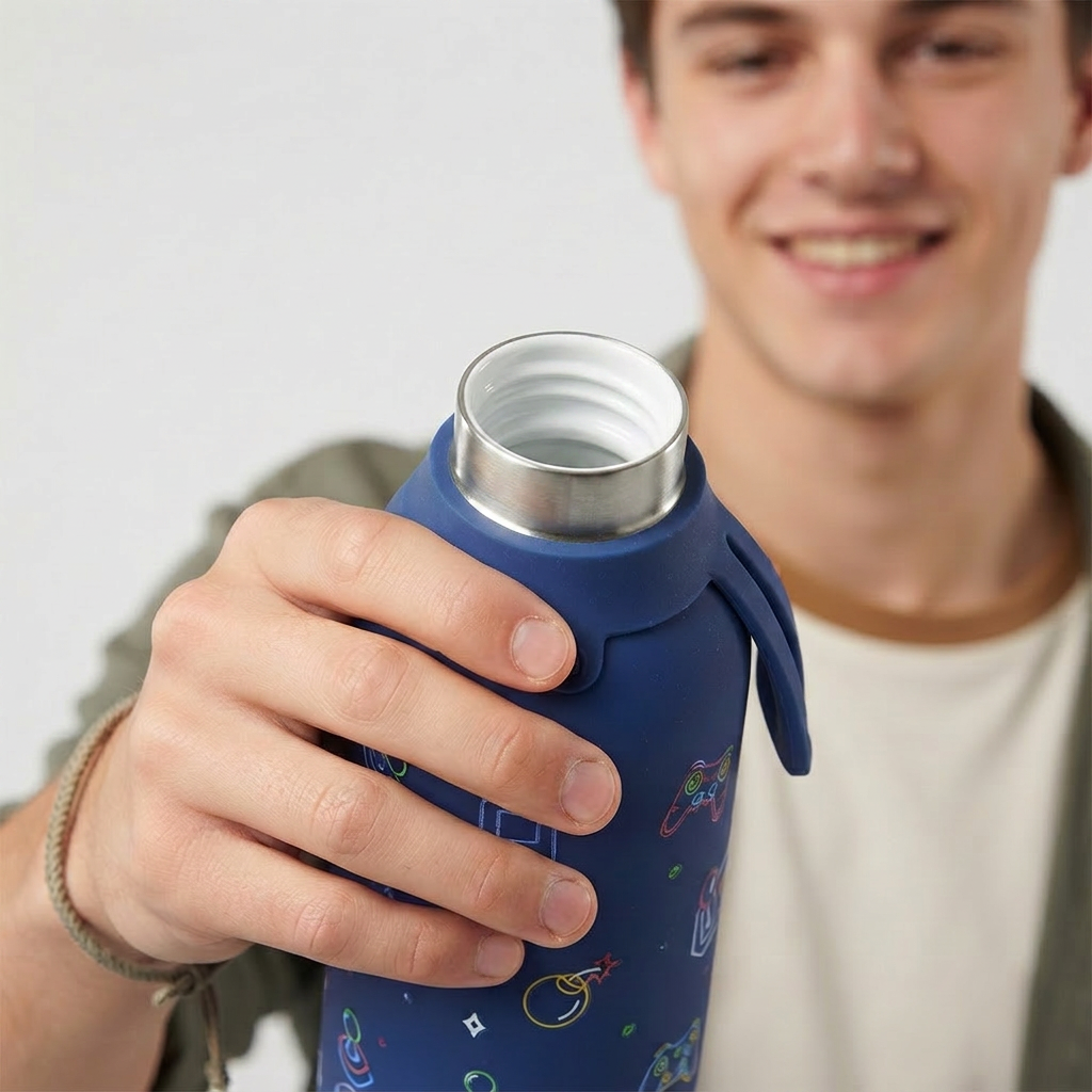 Botella Térmica de Acero Inoxidable con Interior Cerámico y Doble Tapón – Neon Gamer | Aurea