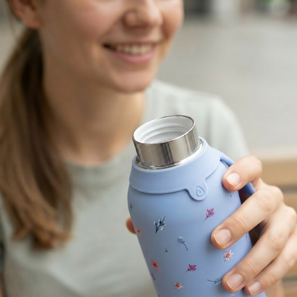 Botella Térmica de Acero Inoxidable con Interior Cerámico y Doble Tapón – Little Bloom | Aurea