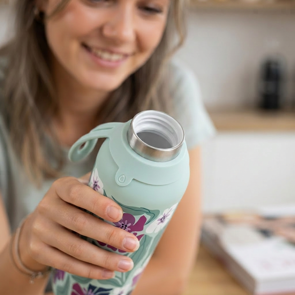 Botella Térmica de Acero Inoxidable con Interior Cerámico y Doble Tapón – Tropic Bloom | Aurea