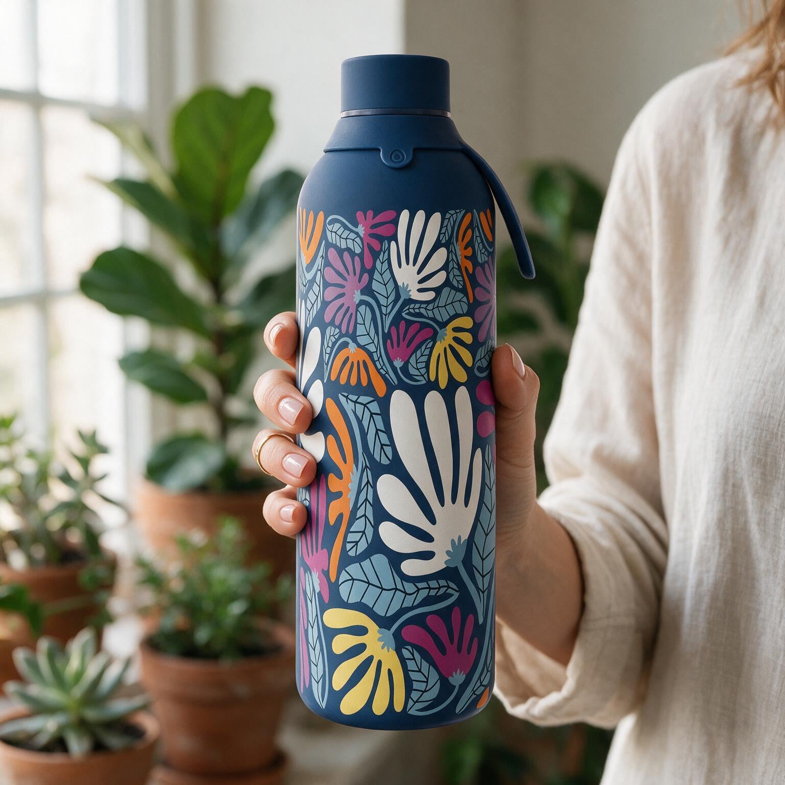 Botella Térmica de Acero Inoxidable con Interior Cerámico y Doble Tapón – Tropic Bloom | Aurea
